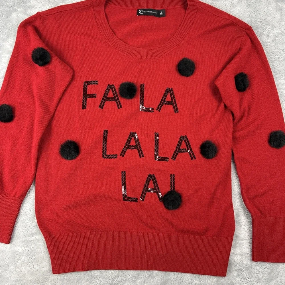 NY&C Sweater Women's Large Holiday Christmas Party Caroling‎ Cheer Red Black